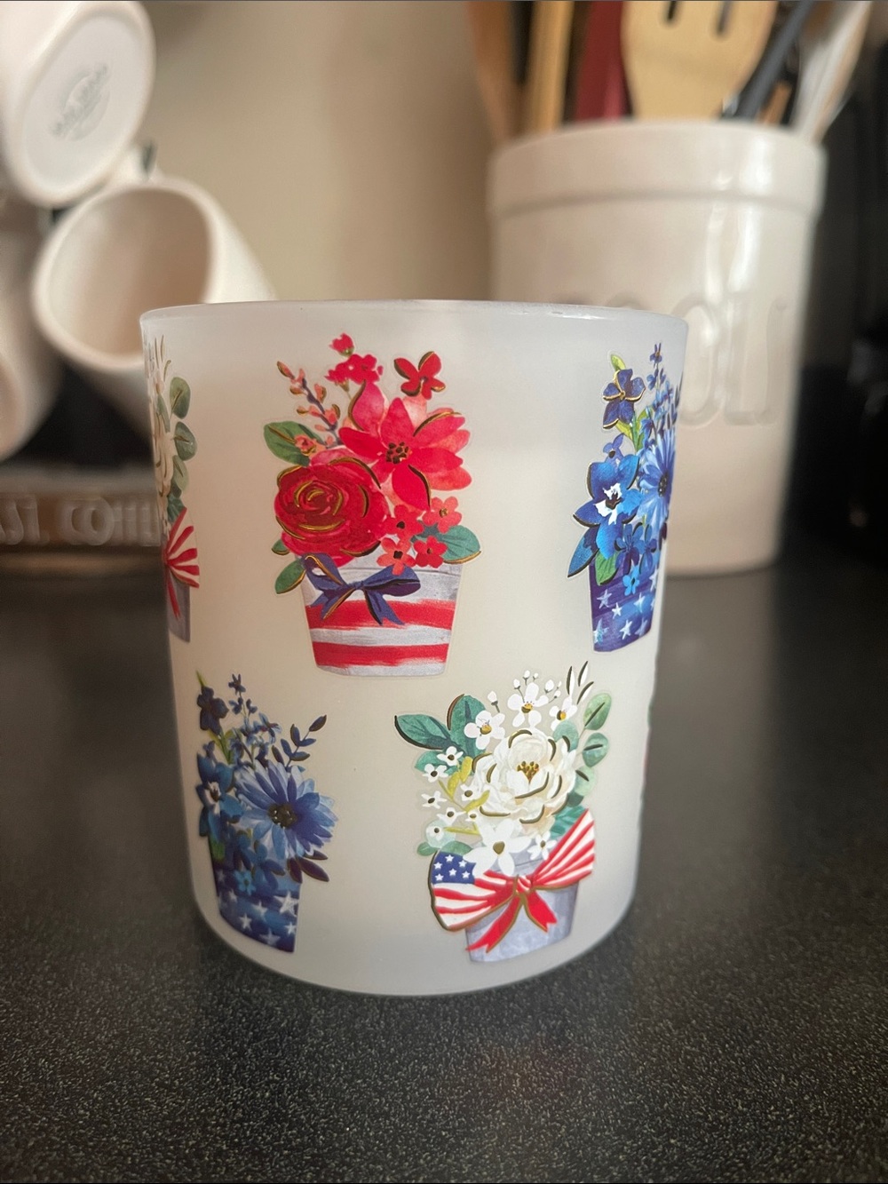 Patriotic Floral Candle Holder with Red, Blue, White Bouquets NEW